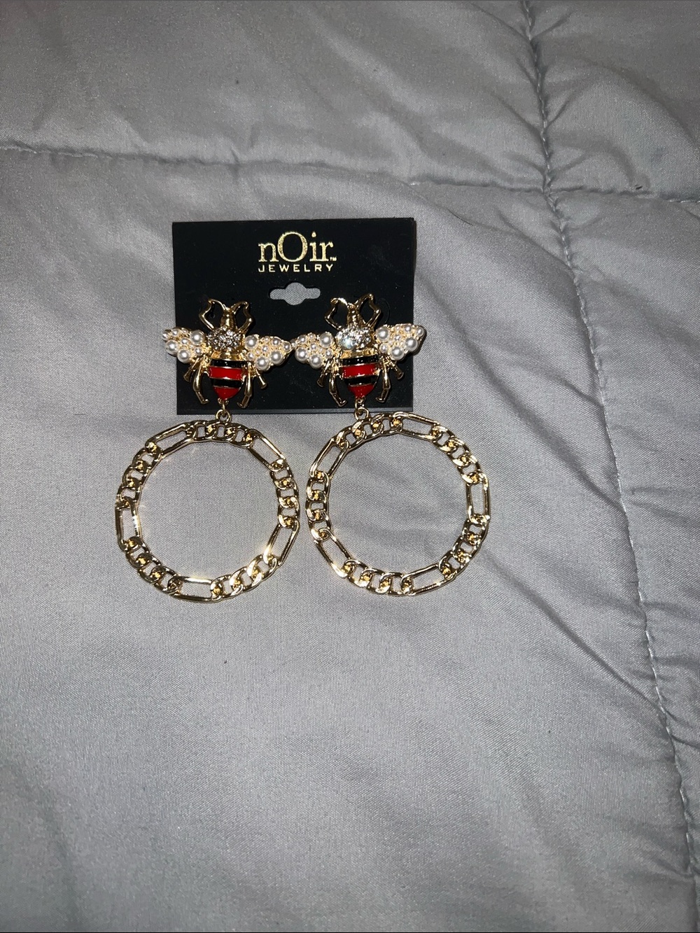 nOir Jewelry Gold Bee Hoop Earrings with Red and Black Accent
